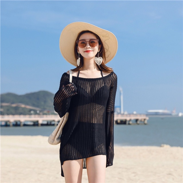  Áo lưới đi biển trễ vai form oversize sành điệu