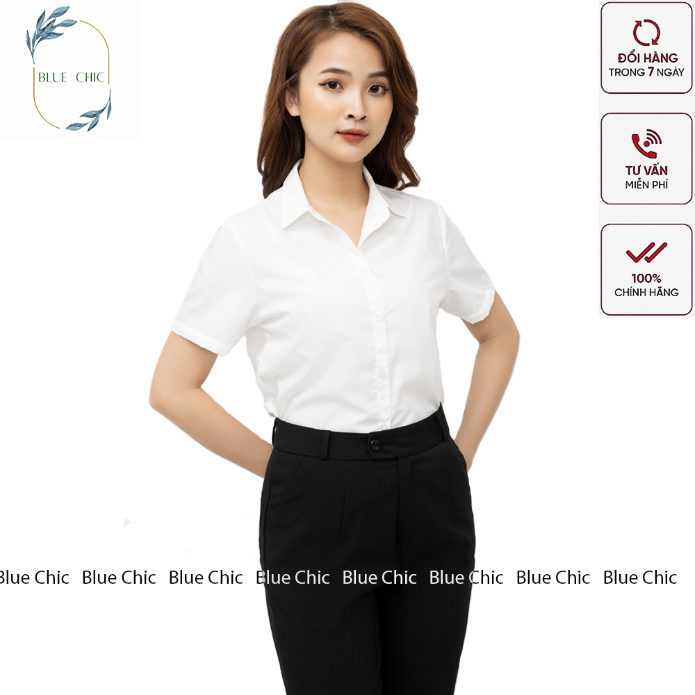 Áo sơ mi nữ Blue Chic tay ngắn form suông màu trắng xanh sơmi cộc thời trang công sở