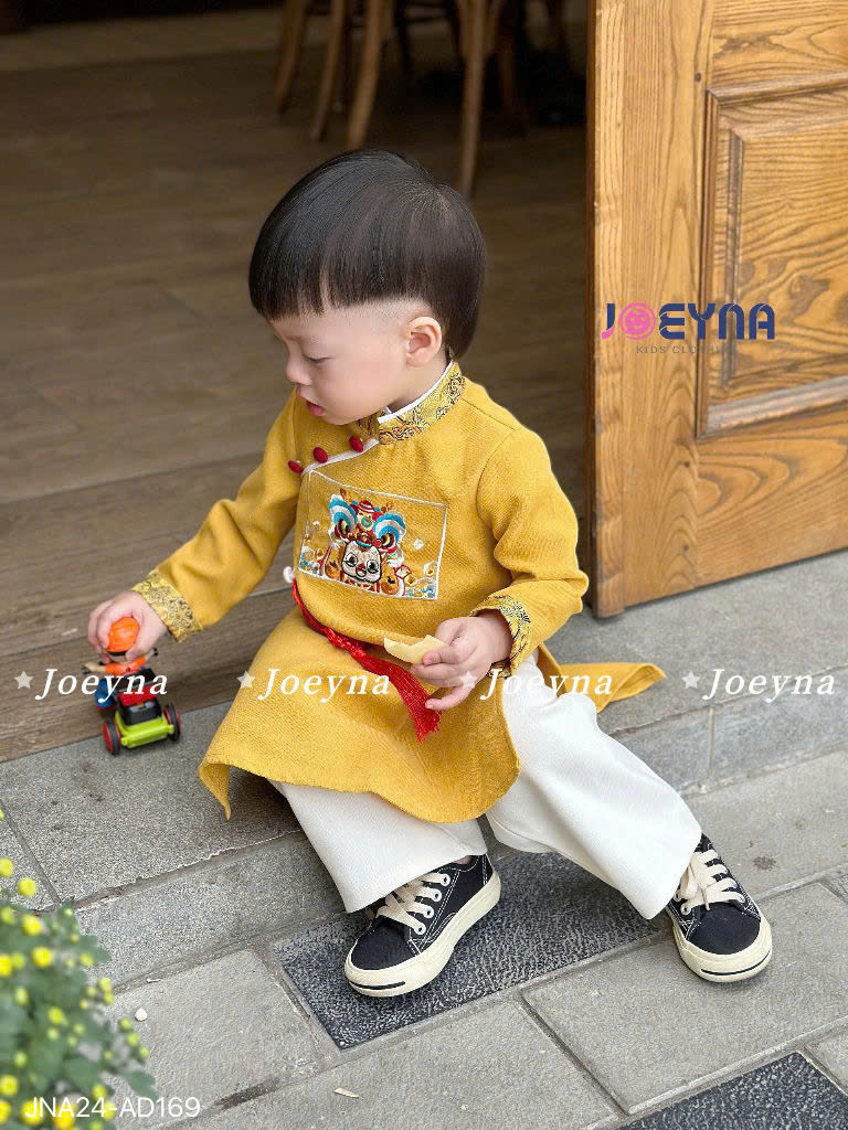 Áo dài cách tân bé trai 9m-6 tuổi thêu sư tử bắt mắt hàng thiết kế vải nhung tăm dáng thời trang