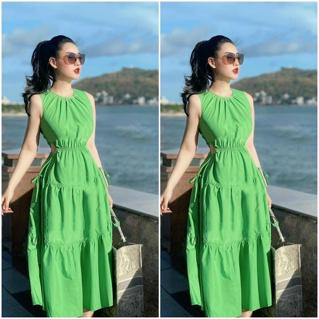 Đầm xanh lụa nhún bèo khoét eo cao cấp