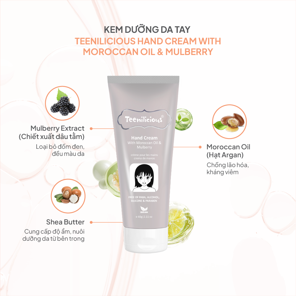 Kem Dưỡng Da Tay Teenilicious Hand Cream With Moroccan Oil &amp; Mulberry Giúp Dưỡng Ẩm Da Mềm Mịn 60g