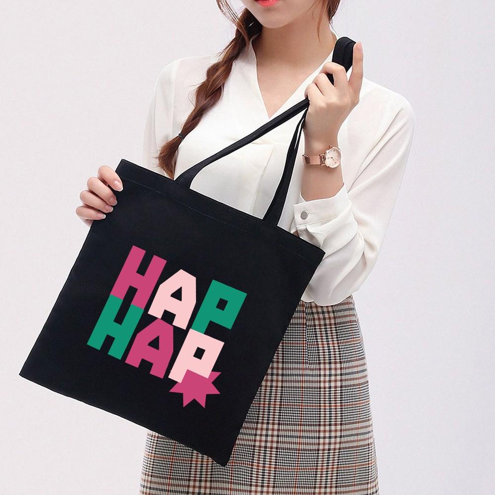 Túi Tote Vải Canvas Ginko basic có dây kéo khóa miệng túi đựng vừa laptop 14 inch và nhiều đồ dùng khác Phong Cách ulzzang Hàn Quốc In Hình Happy B30
