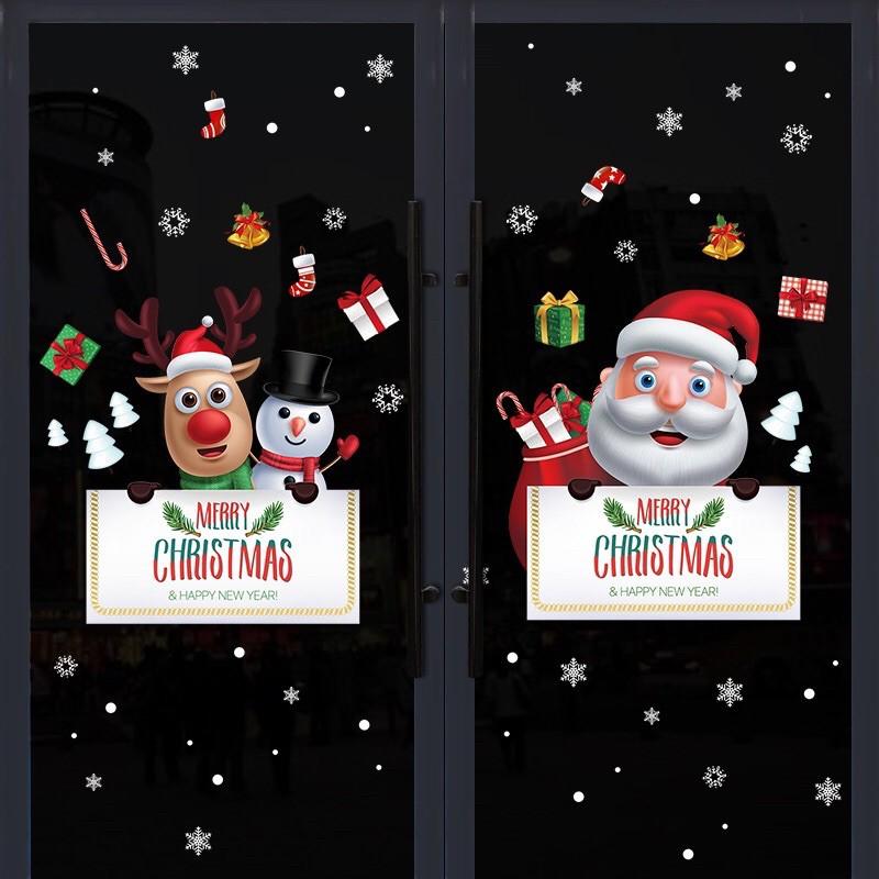 Decal trang trí Noel - Ông già và Tuần lộc cầm bảng đón lễ