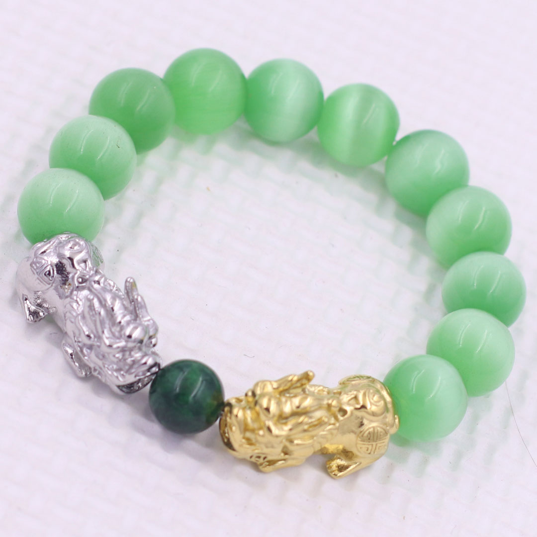 Vòng chuỗi đeo tay đá mắt mèo xanh lá 12 ly charm tỳ hưu đôi inox trắng và vàng, vòng chuỗi phong thủy, charm tỳ hưu, vòng tay hạt chuỗi