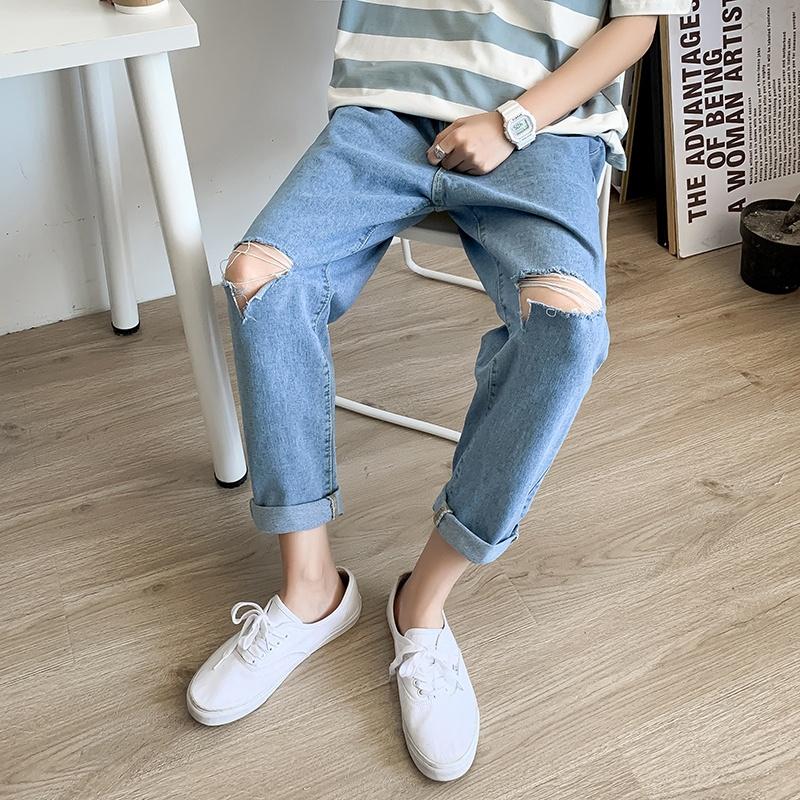 Quần jean nam rách gối dáng baggy ống suông rộng vải jeans cao cấp