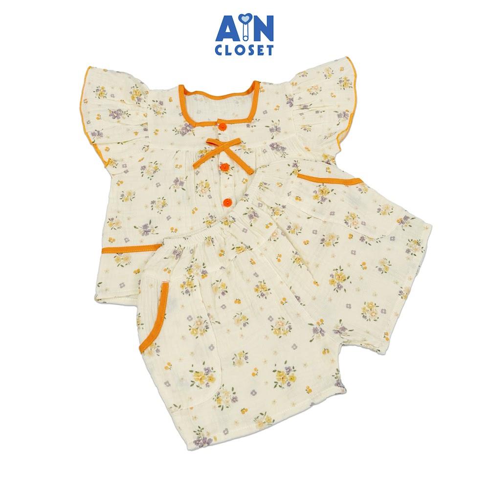 Bộ quần áo Ngắn bé gái họa tiết Hoa Nhí Vàng Tím viền Cam Xô muslin - AICDBGXKDIY6 - AIN Closet