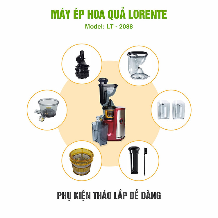 Máy Ép Chậm -Máy Ép Hoa Quả Lorente LT-2088, công suất 300W, ép nguyên chất kiệt nước-Hàng Chính Hãng