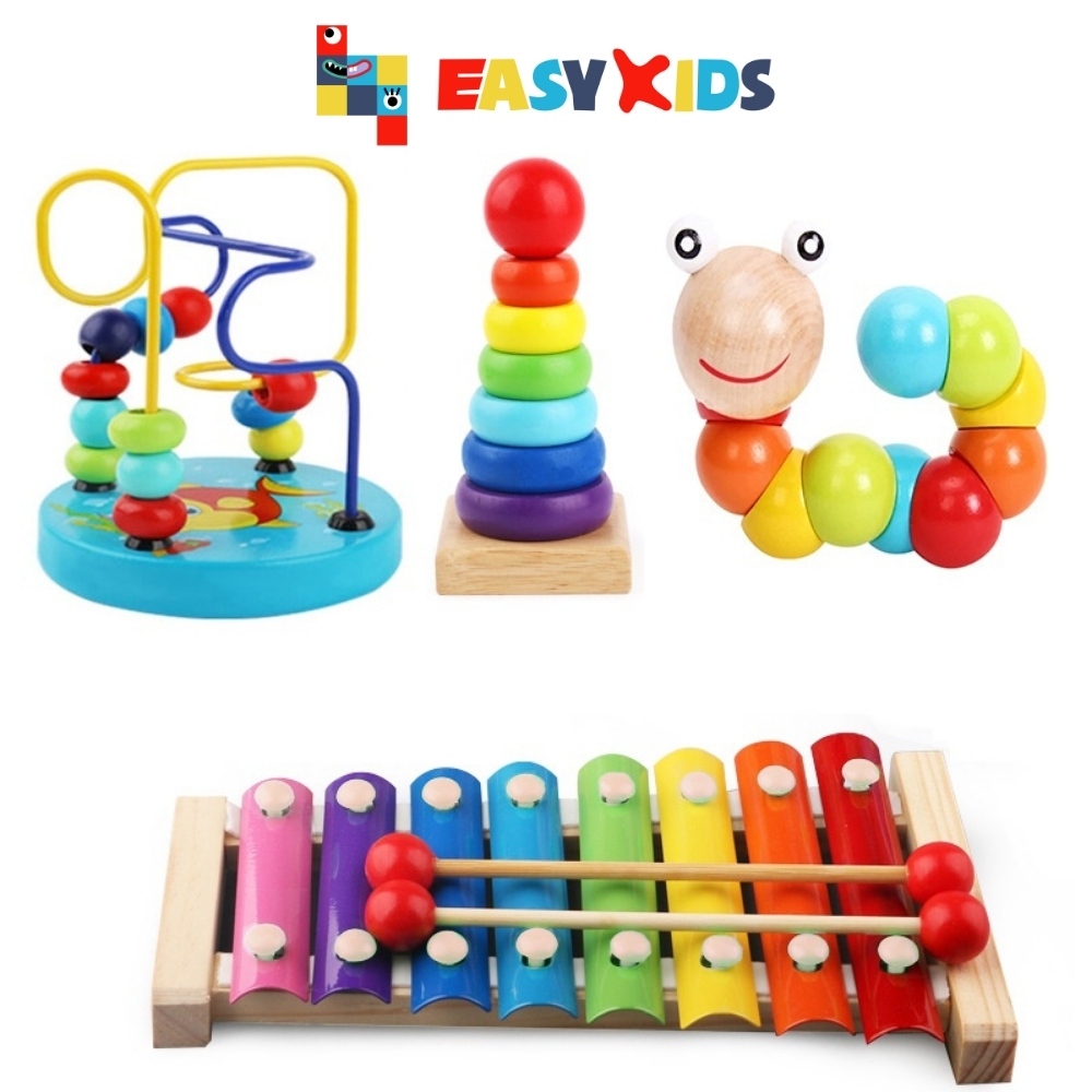Combo 6 Món Đồ Chơi Gỗ Cho Bé Gỗ Gồm Đàn Gỗ, Luồn Hạt, Sâu Gỗ, Thả Hình, Đồng Hồ Và Tháp Cầu Vồng