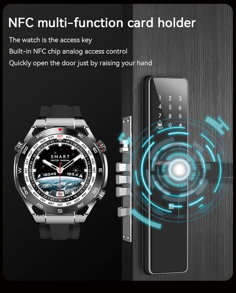 Đồng hồ thông minh HD Ultimate mới dành cho nam giới Đồng hồ thông minh NFC sạc không dây Bluetooth Cuộc gọi GPS Tracker Vòng đeo tay thể dục 2023 Màn hình HD