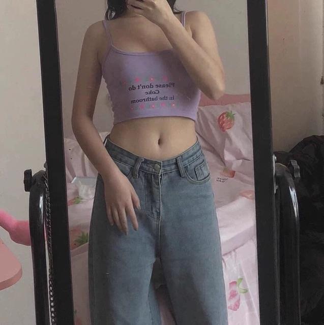 Áo croptop hai dây tím pastel sẵn ảnh thật