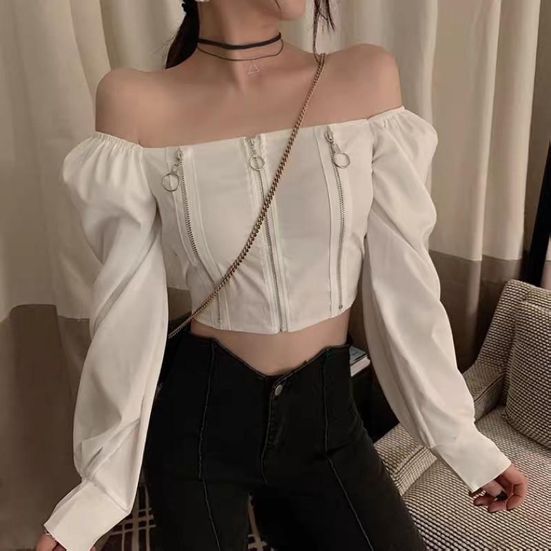 Áo trễ vai croptop khoá kéo cá tính mẫu 2021