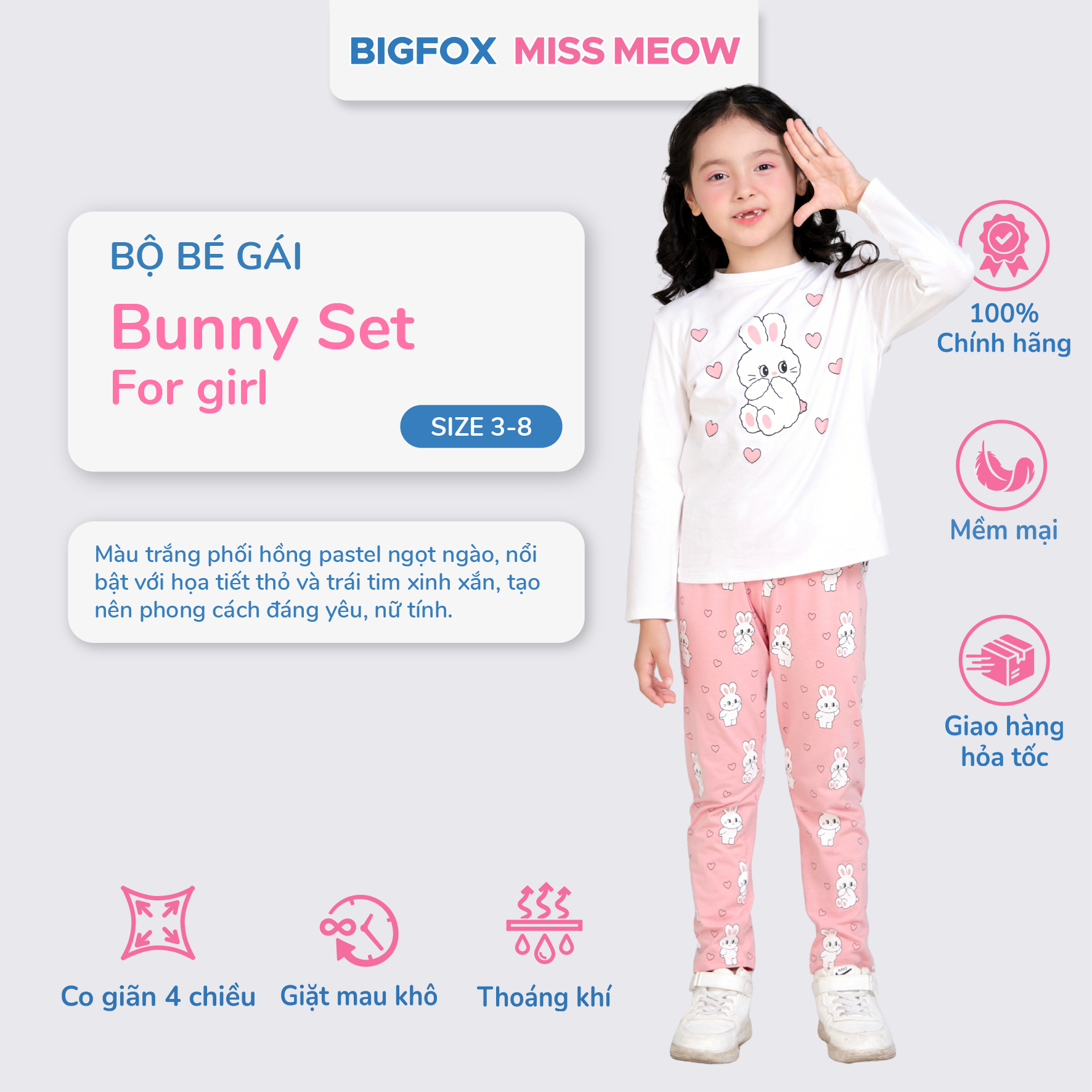 Bộ quần áo thu đông cho bé gái Bigfox Miss Meow size đại dài tay thun cotton mặc nhà 3-11 tuổi 30kg