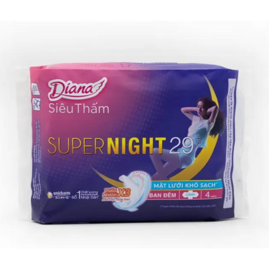 Combo 6 Băng Vệ Sinh Diana Super Night Có Cánh 29cm (Gói 4 Miếng)