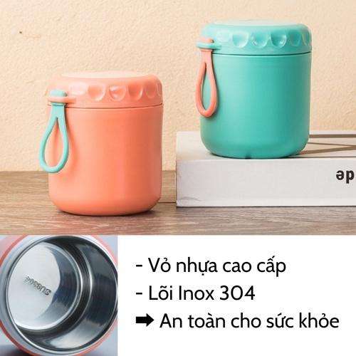 BÌNH GIỮ NHIỆT KIÊM CA Ủ CHÁO MIỆNG TO DỄ DÀNG LẤY ĐỒ ĂN HOẶC VỆ SINH SAU KHI DÙNG, DUNG TÍCH 430ML CÓ KÈM THÌA NHỰA CAO CẤP