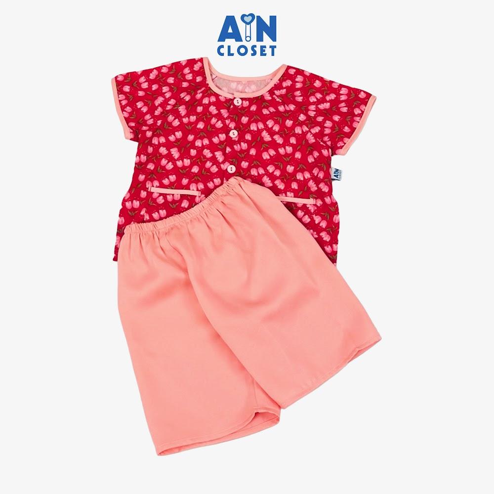 Bộ quần áo Bà ba Lửng bé gái họa tiết hoa Chuông Đỏ lụa tằm - AICDBGLOVOVM - AIN Closet