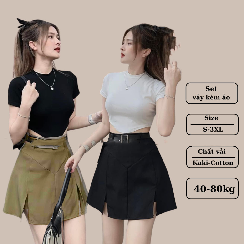 Bộ nữ chân váy kaki áo croptop vạt tôm chất cotton 168