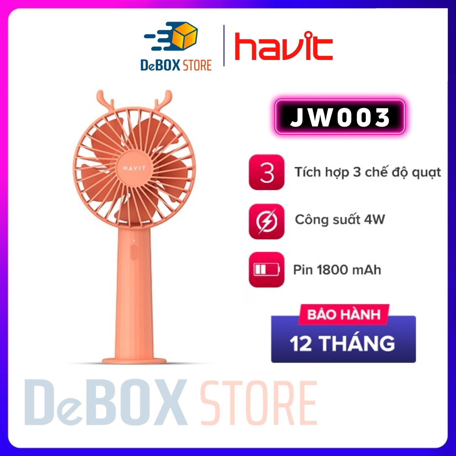 Quạt Sạc Mini Thời Trang Cầm Tay Havit JW003, Pin 1800mAh, 3 Chế Độ Quạt Gió - Hàng Chính Hãng