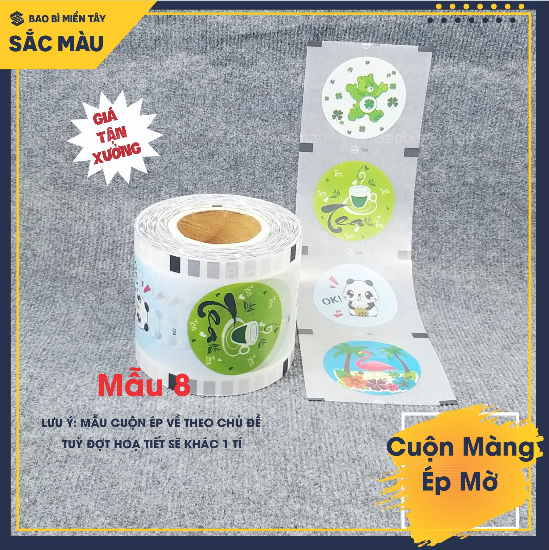 Cuộn màng ép ly chất liệu nhám mờ, màng dập cốc in sẵn họa tiết vui tươi