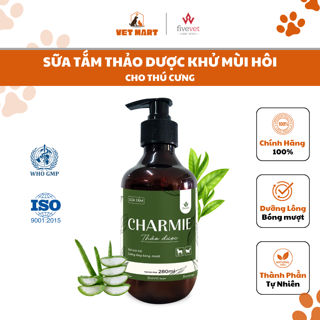 Sữa Tắm Charmie Thảo Dược Cho Thú Cưng - Khử Mùi Hôi, Dưỡng Lông Bóng Mượt 280ml_Fivevet