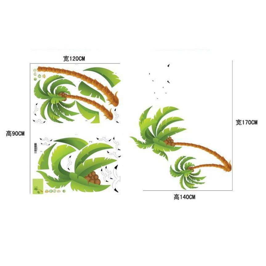 Decal trang trí tường - Cây Dừa Bãi Biển Xanh Lá size lớn