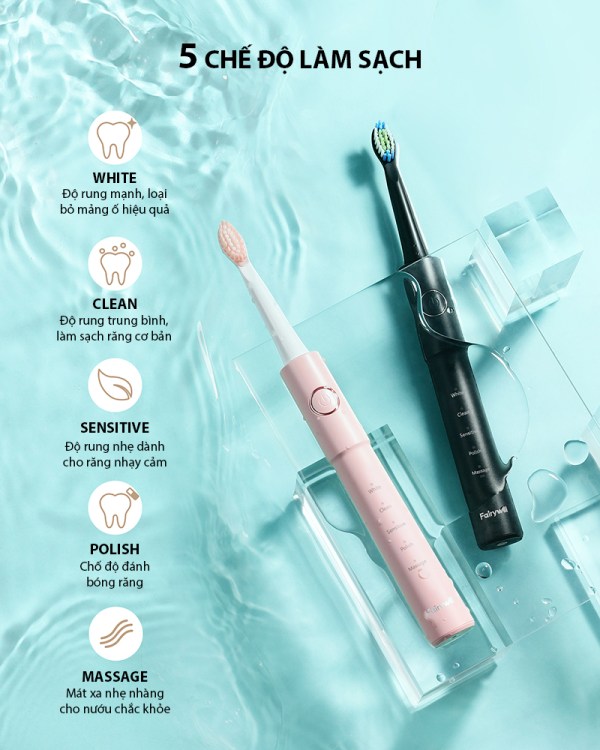 Bàn chải đánh răng điện FAIRYWILL E11 Bản Màu Hồng Công nghệ làm sạch bằng sóng siêu âm Tặng kèm 8 đầu bàn chải Hàng Chính Hãng