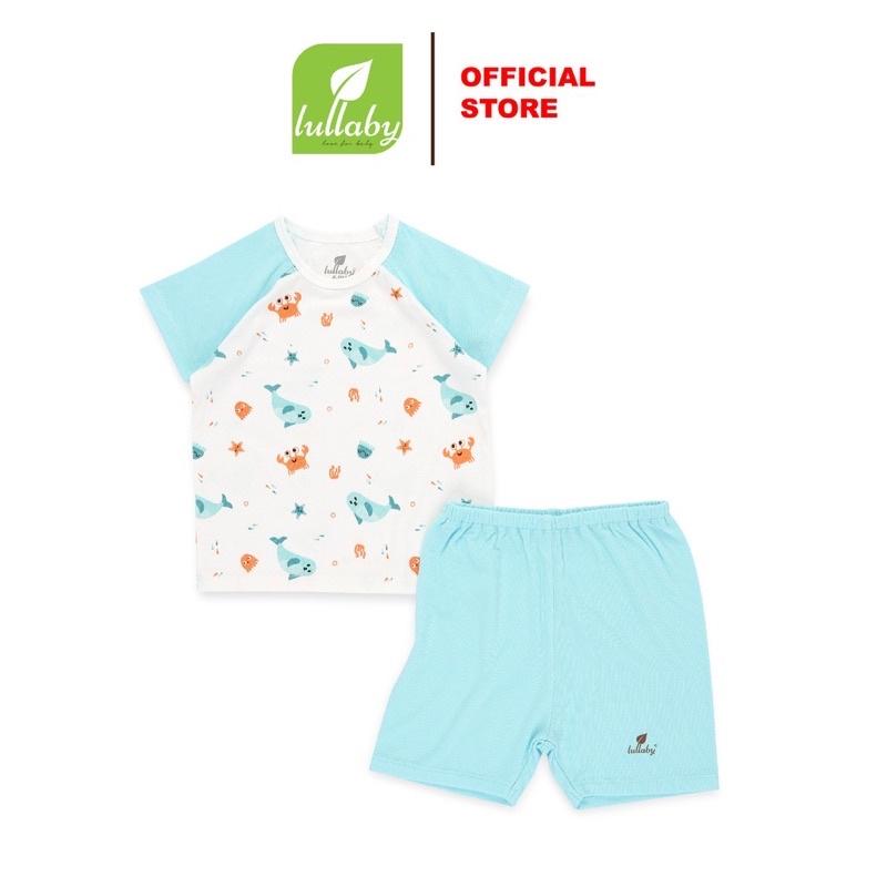 Bộ cộc tay trắng phối xanh Lullaby 2 (LULLABY - Bộ quần áo bé trai cộc tay raglan NH321M)