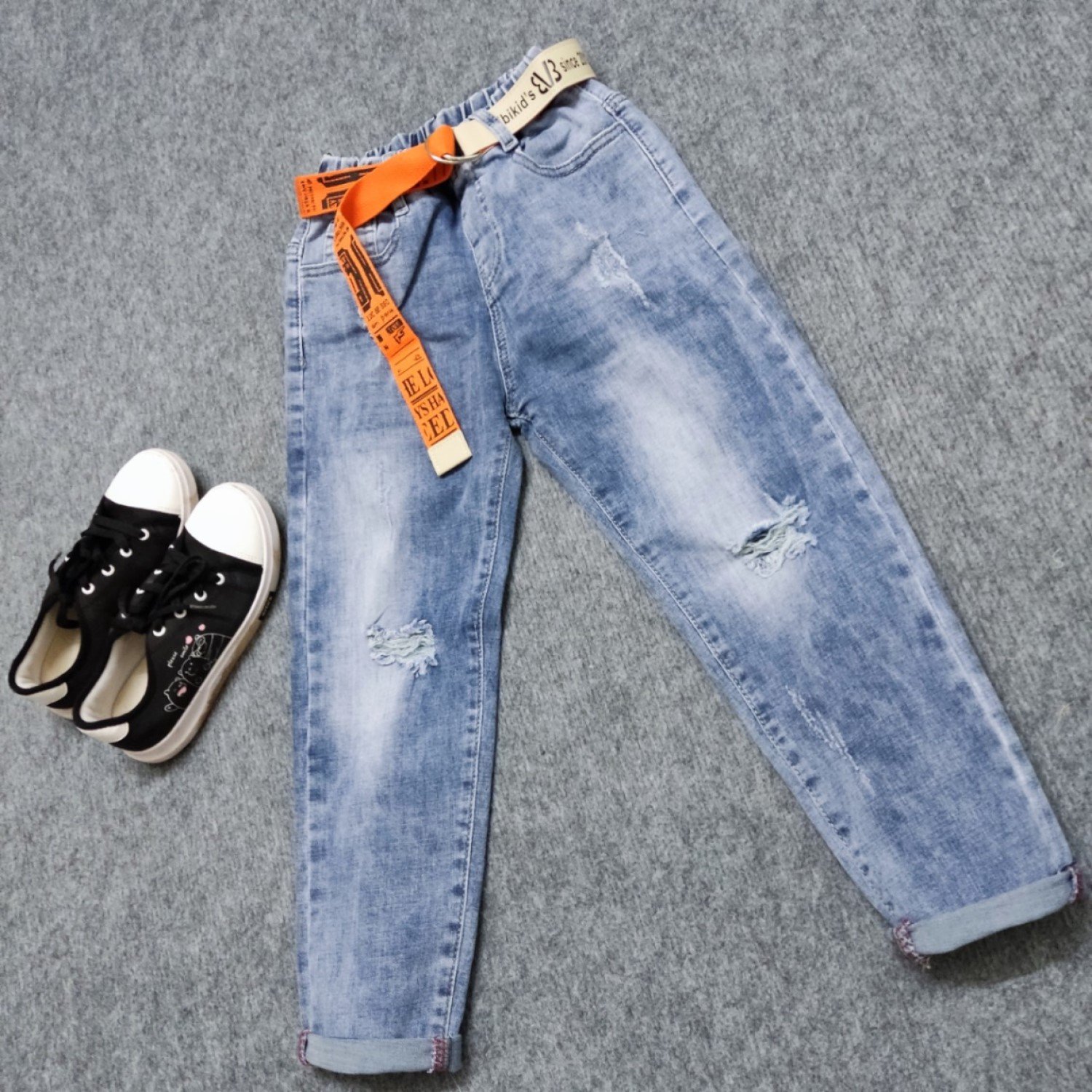 Q0112 Quần jean dài cao cấp bé trai, phom body, size đại, wax rách, chất co dãn thoải mái, kèm dây nịt