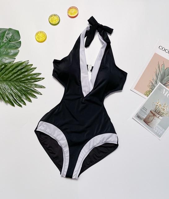 Bikini một mảnh đen viền trắng