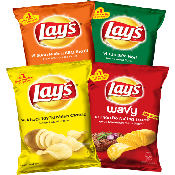 Combo 4 Snack Khoai Tây Lay's Mix vị 95g: Tự nhiên Classic, Tảo Biển Nori, Sườn Nướng BBQ và Thăn bò nướng Texas