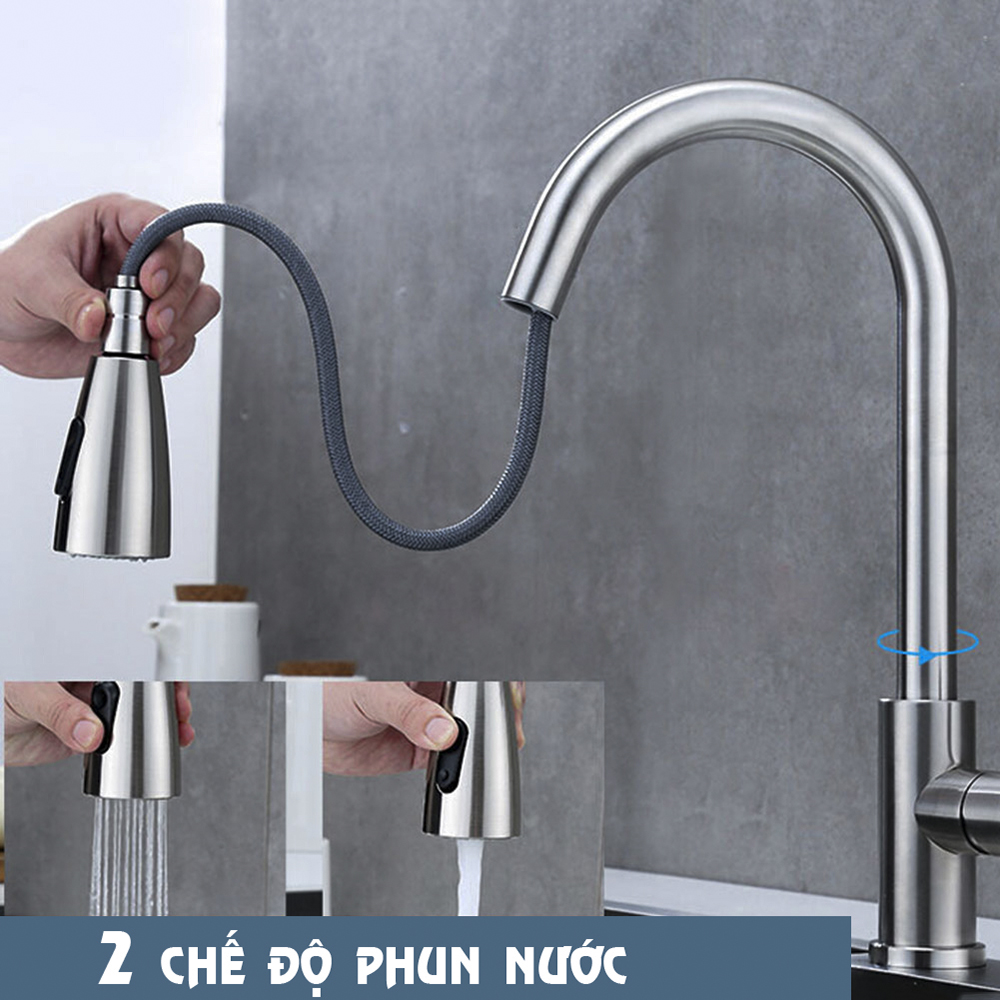 Vòi Rửa Bát Chén Rút Dây ABG Inox, Hai Chế Độ Xả Nóng- Lạnh, Rửa Chén Rút Dây, Nóng Lạnh, Kiểu Dáng Sang Trọng, Xoay 360 Độ, Tặng Kèm Hai Dây Cấp Nóng Lạnh - Hàng Chính Hãng