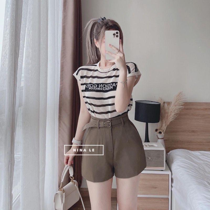 Áo LƯỚI len Montoghi dệt kim Quảng Châu KẺ SỌC VAI HẾN in chữ xinh xắn và năng động