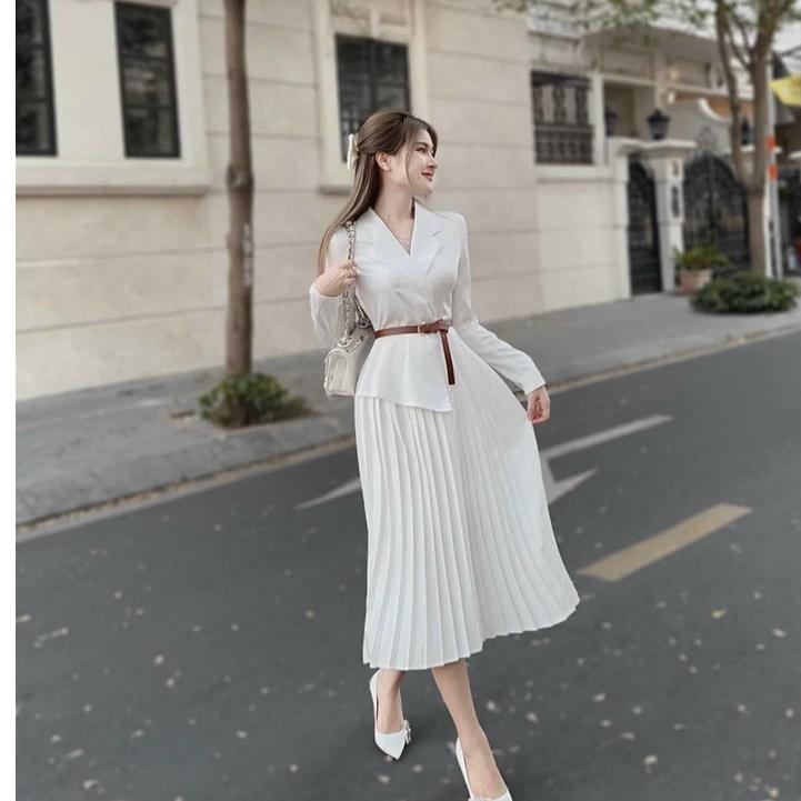 Sét đầm váy nữ áo kiểu sơ mi tay dài mix cùng chân váy dài xếp ly thanh lịch Kgia fashion