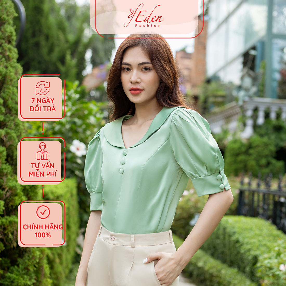 Áo kiểu nữ tay phồng phối nút thời trang Eden - ASM189