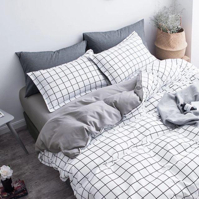 Bộ Chăn Ga Gối Caro Trắng Cotton Poly Nhập Khẩu