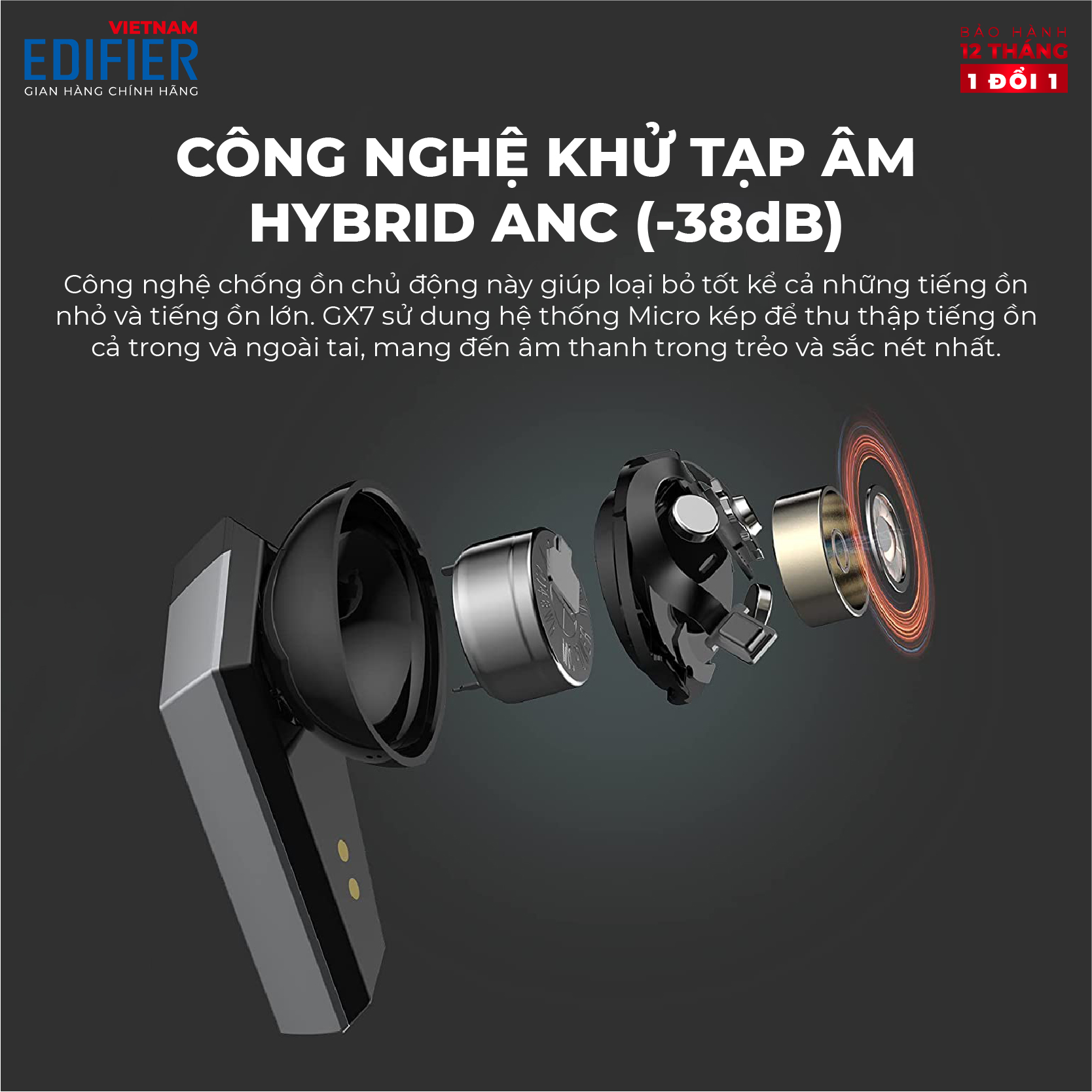 Tai nghe True Wireless Gaming EDIFIER GX07 - 26 giờ phát nhạc Khử tiếng ồn ANC - Driver 8mm, Game Mode - Hàng chính hãng