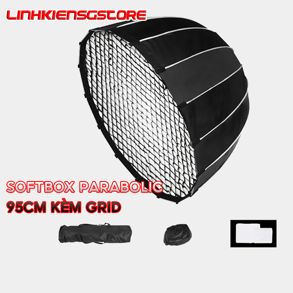 Soft box parabolic 95 cm KÈM Grid thao tác nhanh làm mềm ánh sáng đèn Flash/Led