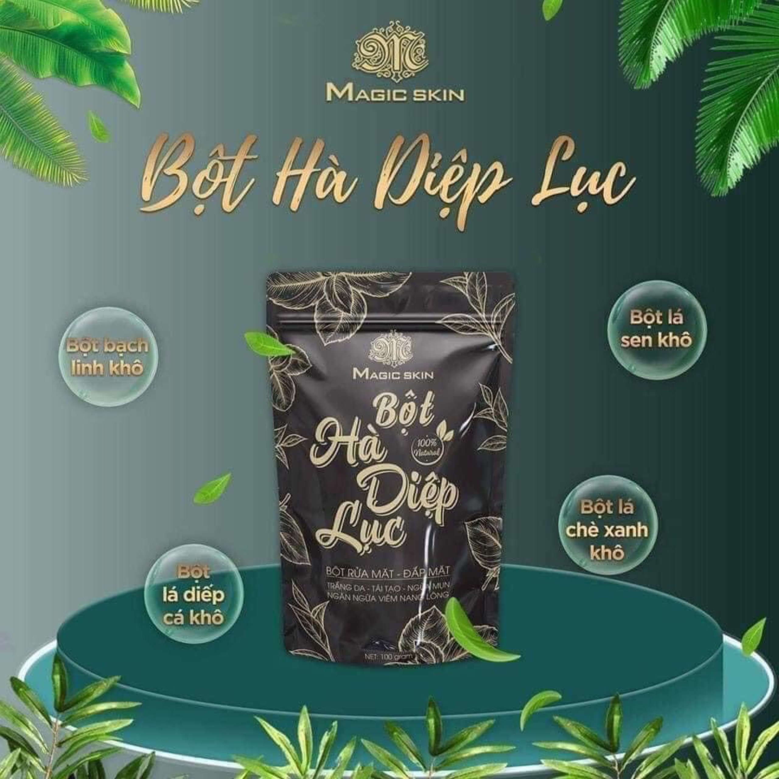Bột Hà Diệp Lục Magic Skin - Giúp Da Trắng Sáng, Tẩy Các Tế Bào Chết, Làm Mờ Các Vết Thâm Nám