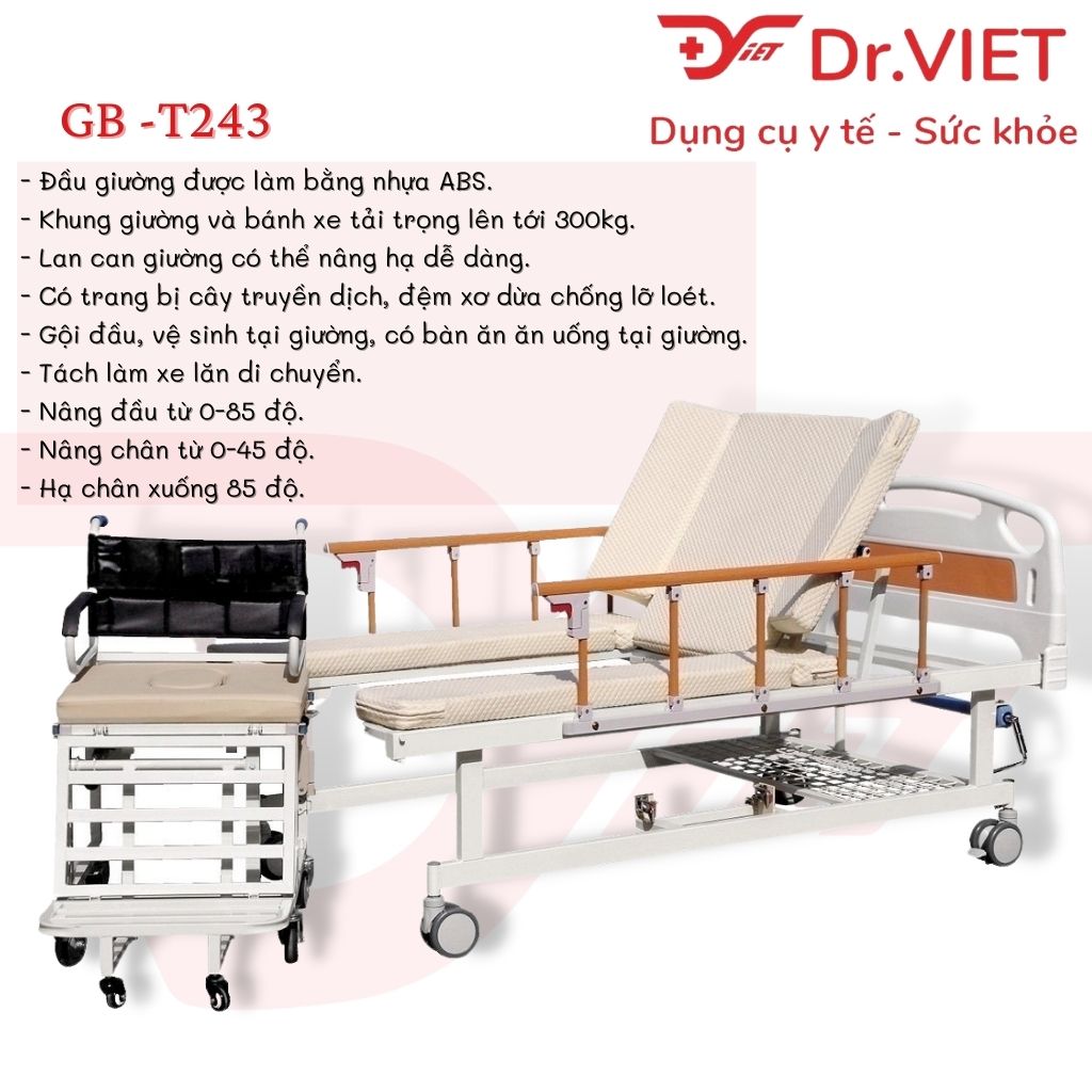 Giường bệnh đa năng kết hợp xe lăn Lucass GB-T243 chính hãng, thiết kế tiện lợi, chắc chắn