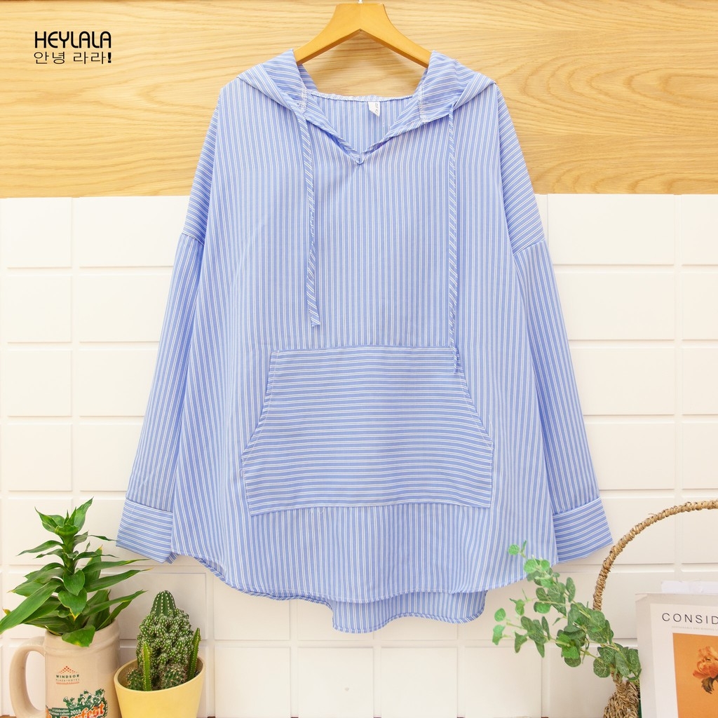 HEYLALA - Áo hoddie kẻ xanh FORM RỘNG Hàn Quốc