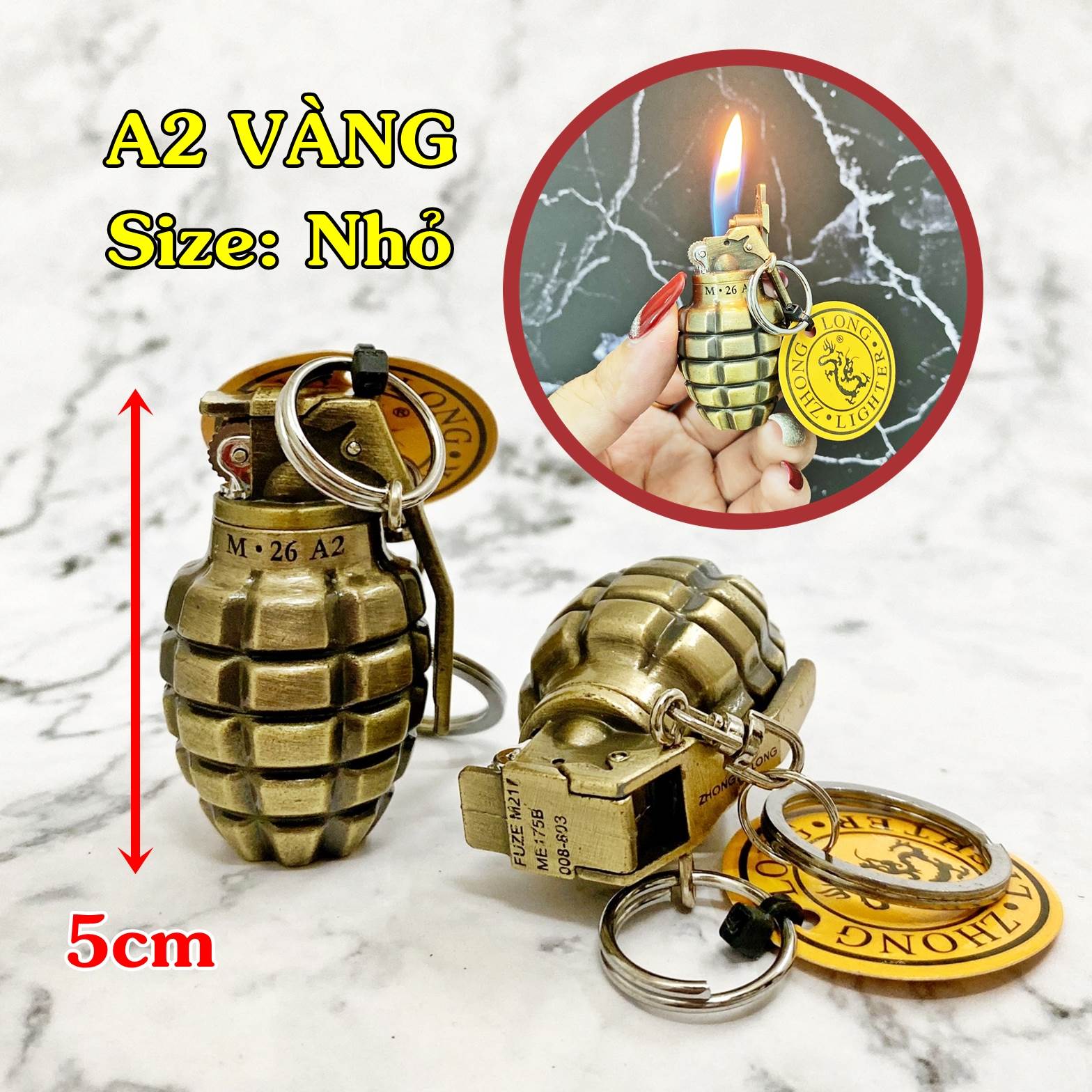 Hột quẹt bật lửa khè móc khóa hình trái lựu A2 Vàng size nhỏ 5cm kim loại - xài gas