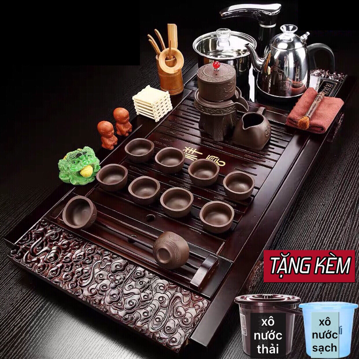 Bộ bàn pha trà điện ,bếp đun nước cảm ứng tự động thông minh đa năng inox ,khay trà đạo nan gỗ ,Ấm chén cối xay độc lạ -06 Tặng kèm xô nhựa đựng nước