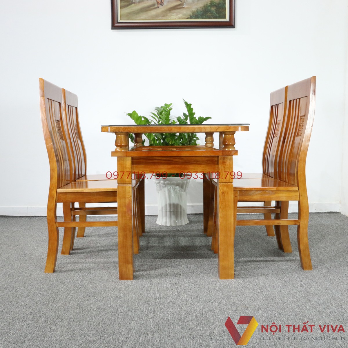 Bộ Bàn Ăn Gỗ Sồi 2 Tầng 4 Ghế Màu Cánh Gián