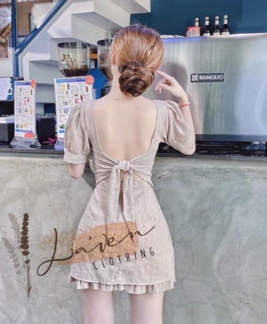 Đầm đũi tay phồng cổ vuông cột nơ lưng có mút ngực sexy sang chảnh