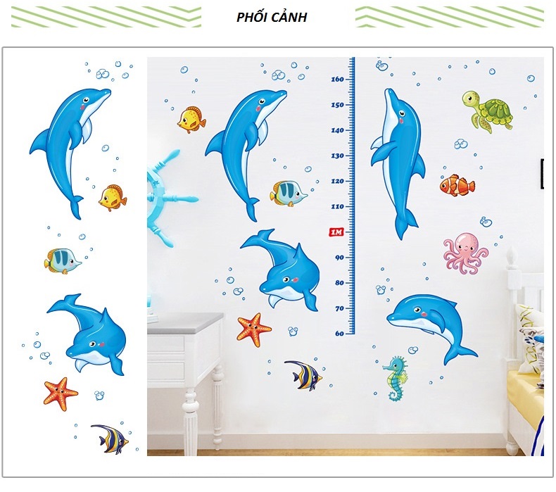 Decal dán tường thước đo Cá heo nhảy múa AmyShop