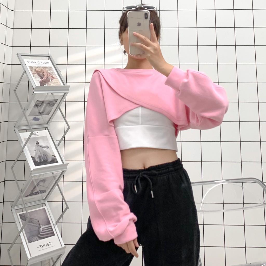 Áo Croptop Dài Tay Dáng Rộng Đắp Chéo Phong Cách Hàn Quốc