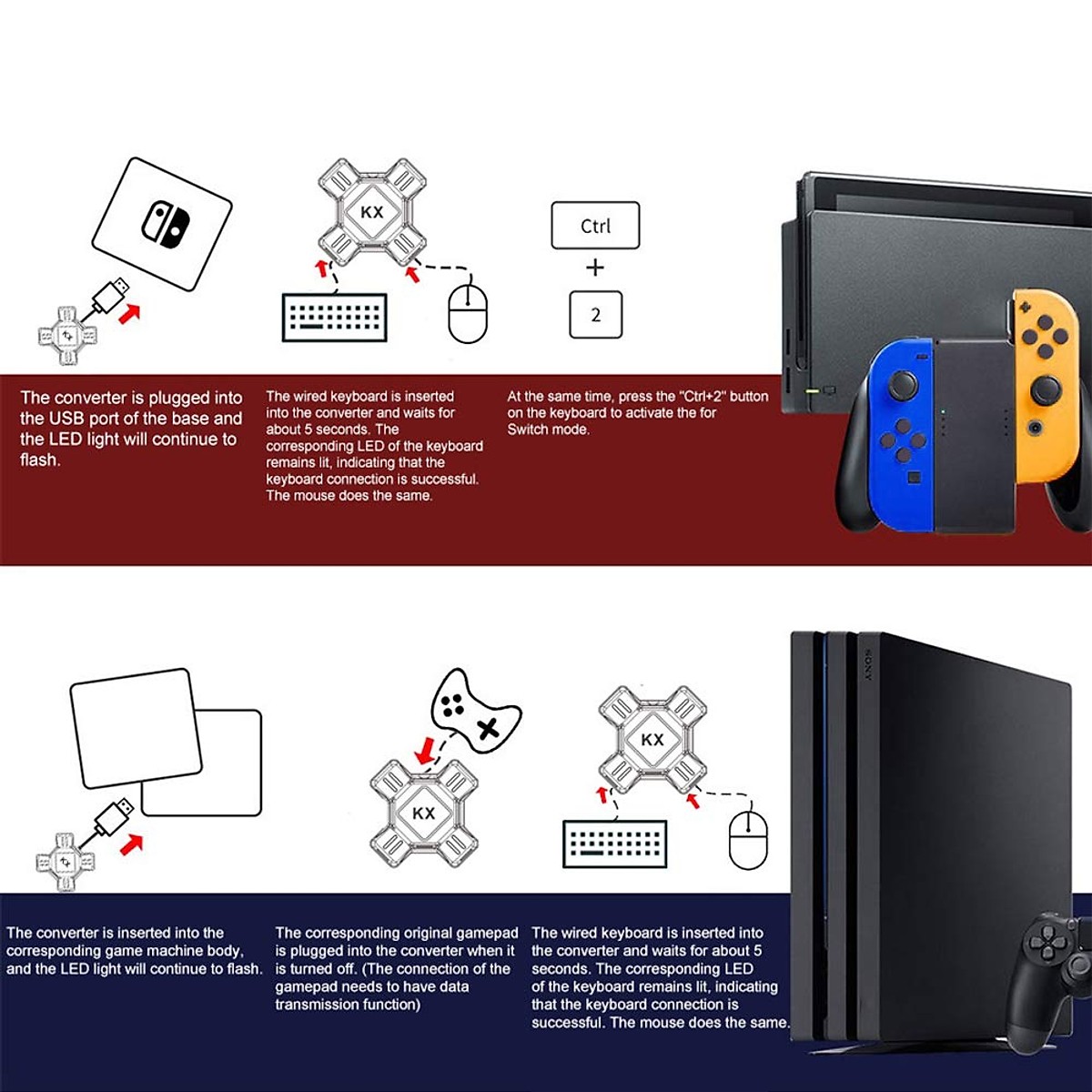 Bộ chuyển đổi bộ điều khiển trò chơi USB VINETTEAM KX Bộ chuyển đổi chuột Bàn phím cho Switch / Xbox / Ps4 / Ps3 - Đen- Hàng Nhập Khẩu