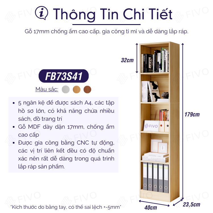 Kệ Sách Gỗ 5 Tầng Màu Gỗ FB73 FIVO Gỗ Chống Ẩm Cao Cấp Dày Dặn, Tấm Lưng Chắc Chắn, Để Được Sách Vở Tài Liệu Kích Thước Lớn