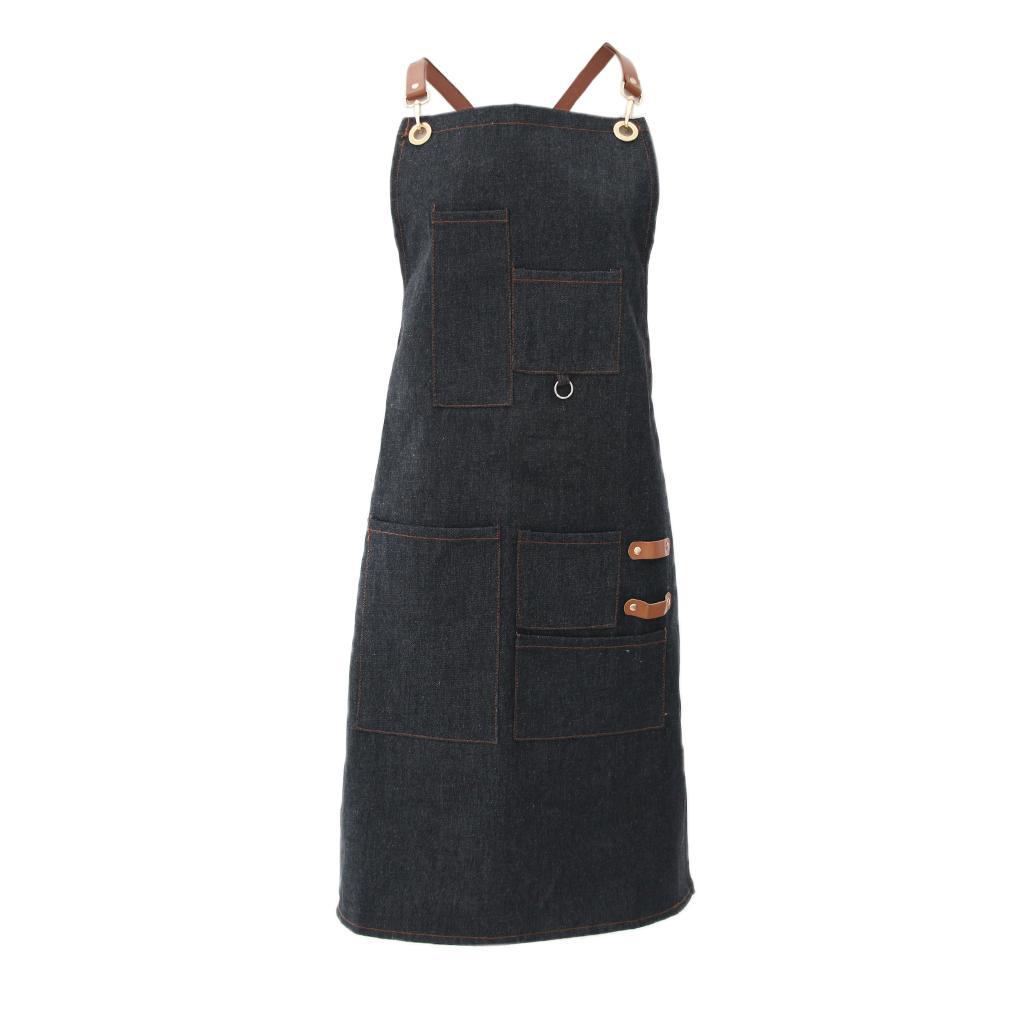 Men Women Denim Apron Bib with Pockets Cafe Kitchen Cooking Painting