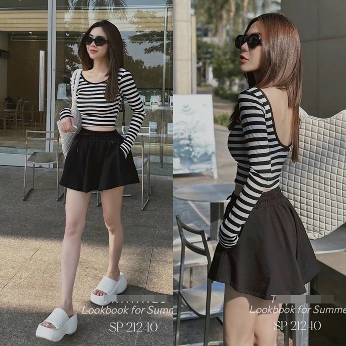 SET ĐI BIỂN ÁO THUN ÔM BODY TAY DÀI SỌC + QUẦN GIẢ VÁY NGẮN SHORTS LƯNG CAO ỐNG RỘNG ĐỒ BƠI 2 MẢNH DẠO PHỐ ĐI CHƠI