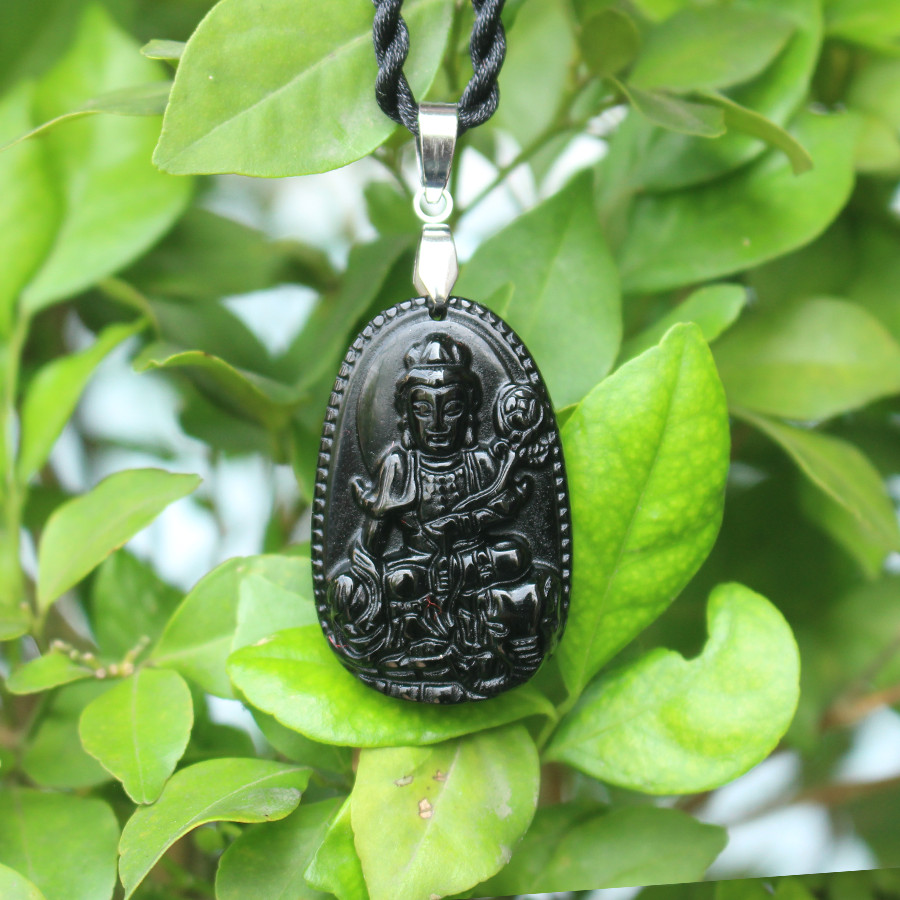 Dây chuyền mặt Phật Phổ Hiền Bồ Tát, Cho Tuổi Tỵ,  Đá Núi lửa Obsidian-    Cao Cấp, Nhỏ,  BAN5